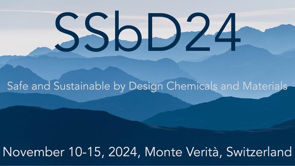 Graphic image of blue mountains with embedded text: SSbD24, Safe and Sustainable by Design Chemicals and Materials.
