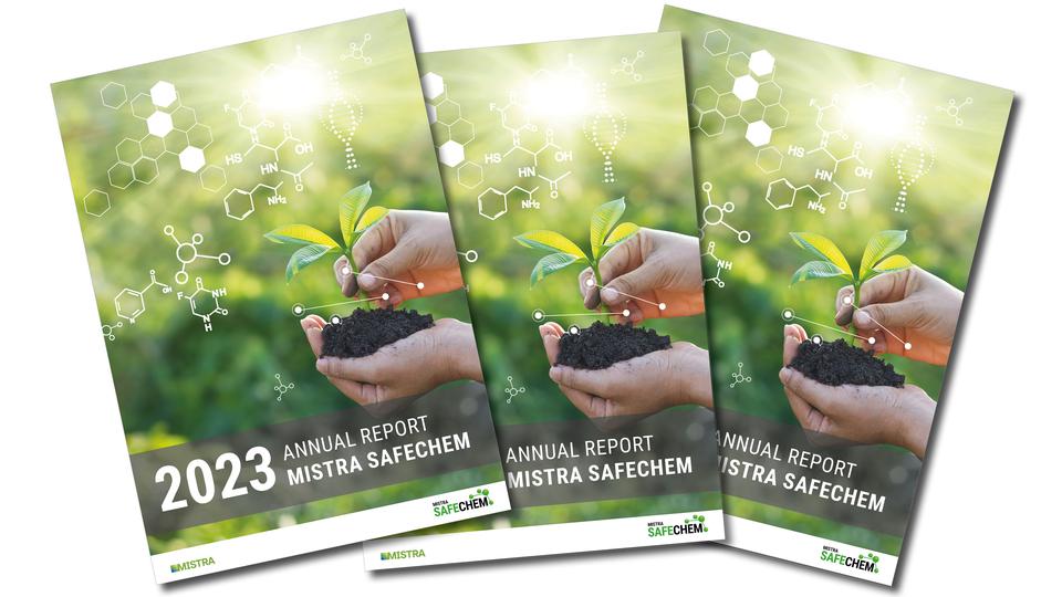 Front pages of three samples of the Mistra SafeChem Annual report for 2023.